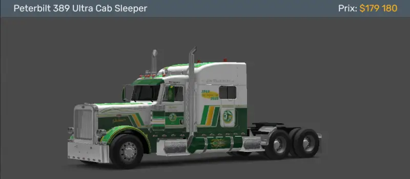 Camion Peterbilt 389 Ultra Cab Sleeper Jim Transport aux couleurs vert et jaune du canton de Vaud dans American Truck Simulator.
