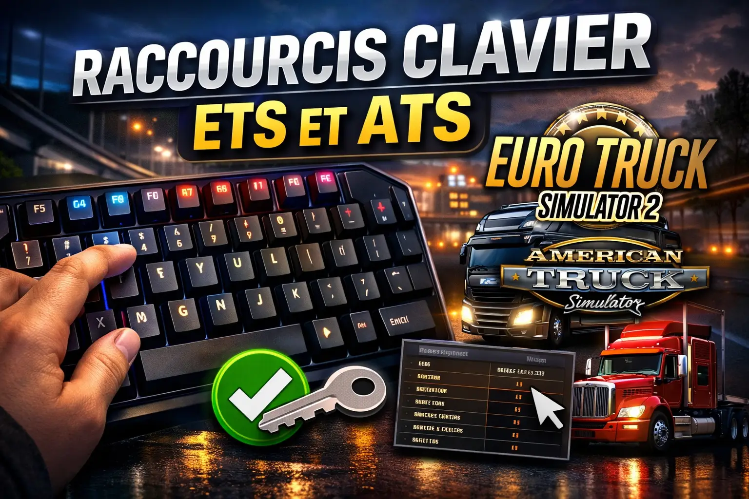 Guide des raccourcis clavier pour Euro Truck Simulator 2 et American Truck Simulator avec clavier mécanique et menu de configuration des touches
